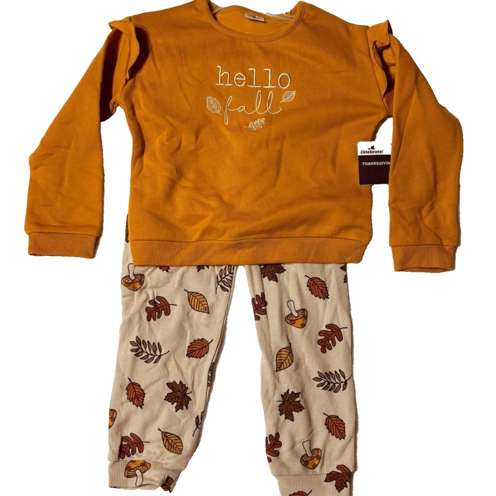 Hello Fall Mustard Sweatshirt and Leaf Print Pants Set